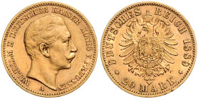 PREUSSEN, Wilhelm II., 1888-1918, 20 Mark 1889 A. 22,5mm; 7,94g.
Ware ist MwSt-befreit
VAT tax free
ss
J.250