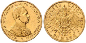 PREUSSEN, Wilhelm II., 1888-1918, 20 Mark 1914 A. Uniform.
Ware ist MwSt-befreit
VAT tax free
st
J.253