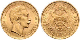 PREUSSEN, Wilhelm II., 1888-1918, 20 Mark 1911 A. 22,5mm; 7,96g.
VAT tax free
ss/vz
J.252
