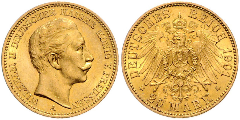 PREUSSEN, Wilhelm II., 1888-1918, 20 Mark 1901 A. 22,5mm; 7,96g.
Ware ist MwSt-...