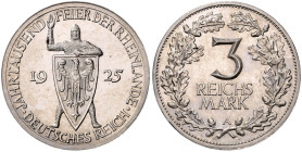 WEIMARER REPUBLIK, 1919-1933, 3 Reichsmark 1925 A. Rheinlande. 30mm; 14,99g.
 offene PP
J.321
