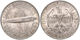 WEIMARER REPUBLIK, 1919-1933, 3 Reichsmark 1930 D. Zeppelin. 30,2mm, 15,04g; 12h.
 vz
J.342