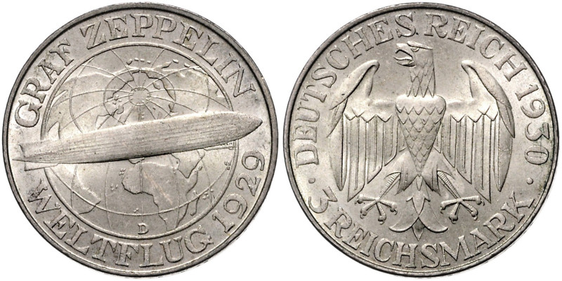 WEIMARER REPUBLIK, 1919-1933, 3 Reichsmark 1930 D. Zeppelin.
 kl.Kr., vz+
J.34...