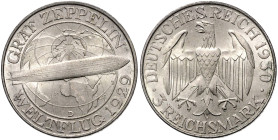 WEIMARER REPUBLIK, 1919-1933, 3 Reichsmark 1930 D. Zeppelin.
 kl.Kr., vz+
J.342