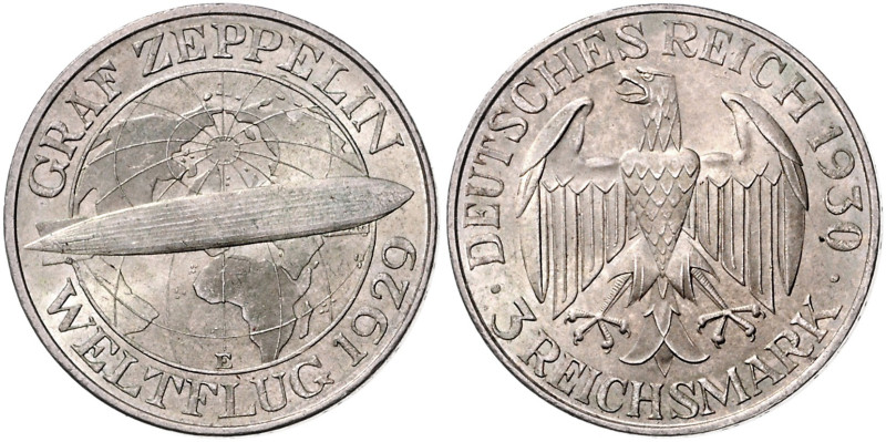 WEIMARER REPUBLIK, 1919-1933, 3 Reichsmark 1930 E. Graf Zeppelin. 30mm; 15,02g; ...