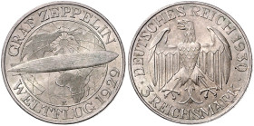 WEIMARER REPUBLIK, 1919-1933, 3 Reichsmark 1930 E. Graf Zeppelin. 30mm; 15,02g; 12h.
 vz-st
J.342