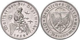 WEIMARER REPUBLIK, 1919-1933, 3 Reichsmark 1930 A. Walther von der Vogelweide. 30mm; 14,83g; 12h.
 ss-vz
J.344