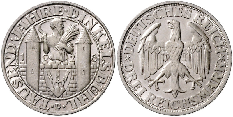 WEIMARER REPUBLIK, 1919-1933, 3 Reichsmark 1928 D. Dinkelsbühl.
 st
J.334