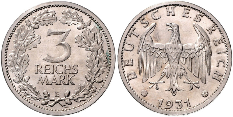 WEIMARER REPUBLIK, 1919-1933, 3 Reichsmark 1931 E.
 Prachtex., st
J.349