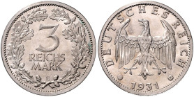 WEIMARER REPUBLIK, 1919-1933, 3 Reichsmark 1931 E.
 Prachtex., st
J.349