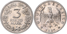 WEIMARER REPUBLIK, 1919-1933, 3 Reichsmark 1932 F.
 äußerst selten i.d.Erhaltung, PP
J.349