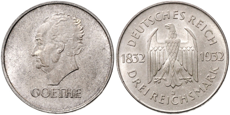 WEIMARER REPUBLIK, 1919-1933, 3 Reichsmark 1932 J. Goethe.
 st
J.350