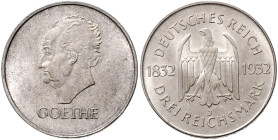 WEIMARER REPUBLIK, 1919-1933, 3 Reichsmark 1932 J. Goethe.
 st
J.350