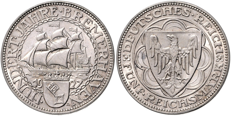 WEIMARER REPUBLIK, 1919-1933, 5 Reichsmark 1927 A. Bremerhaven.
 st
J.326