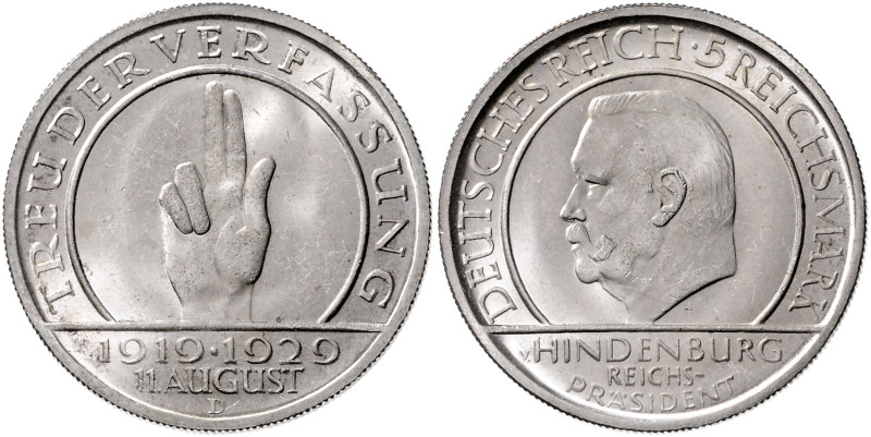 WEIMARER REPUBLIK, 1919-1933, 5 Reichsmark 1929 D. Schwurhand.
 st
J.341