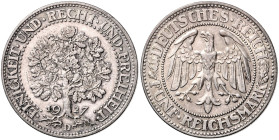 WEIMARER REPUBLIK, 1919-1933, 5 Reichsmark 1927 D. Eichbaum. 36mm; 25,00g; 12h.
 schöne Patina, kl.Rdf., vz-st
J.331