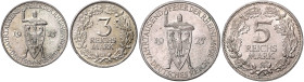 WEIMARER REPUBLIK, 1919-1933, 5 Reichsmark 1925 A. Rheinlande. Erh. kl.Kr. f.st; 36mm; 24,89g; 12 h. DAZU: 3 Reichsmark 1925 D. Rheinlande. Erh. vz; 3...