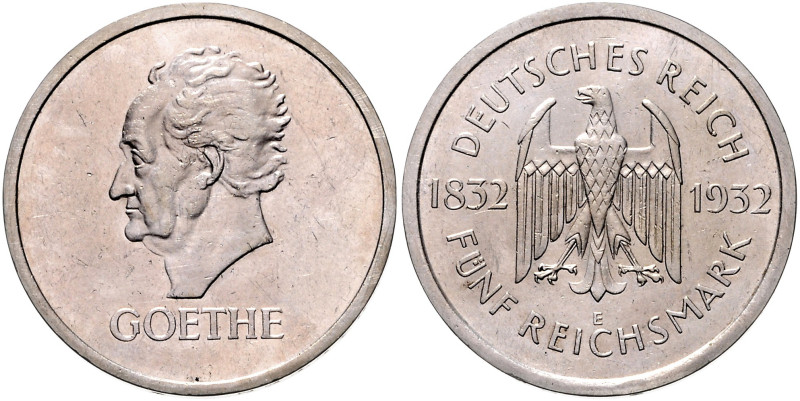WEIMARER REPUBLIK, 1919-1933, 5 Reichsmark 1932 E. Goethe.
 vz/st
J.351