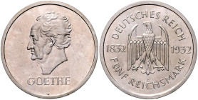 WEIMARER REPUBLIK, 1919-1933, 5 Reichsmark 1932 E. Goethe.
 vz/st
J.351