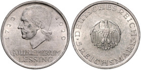 WEIMARER REPUBLIK, 1919-1933, 5 Reichsmark 1929 F. Gotthold Ephraim Lessing. 36mm; 24,86g; 12h.
 f.st
J.336