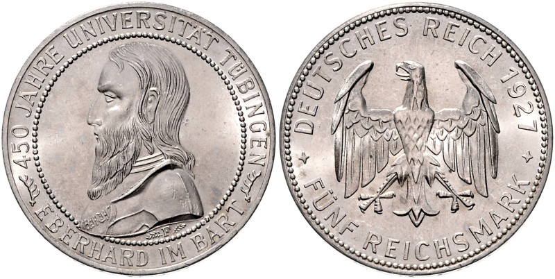 WEIMARER REPUBLIK, 1919-1933, 5 Reichsmark 1927 F. Tübingen.
 st
J.329