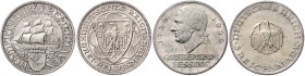 WEIMARER REPUBLIK, 1919-1933, 3 Mark 1927 A. 100 Jahre Bremerhaven (vz-st; 30mm; 14,97g; 12h). DAZU:3 Mark 1929 D. Lessing (kl.Kr., vz; 30,5mm; 14,90g...