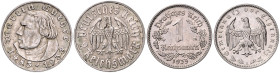 DRITTES REICH, 1933-1945, 2 Reichsmark 1933 A. Luther (vz; 25mm; 8,00g; 12h). DAZU:1 Reichsmark 1935 A. (st; 23mm; 12h).
 2 Stk., vz; st
J.352; 354