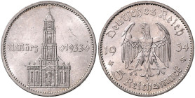 DRITTES REICH, 1933-1945, 5 Reichsmark 1934 A. Garnisonkirche mit Datum.
 f.st
J.356