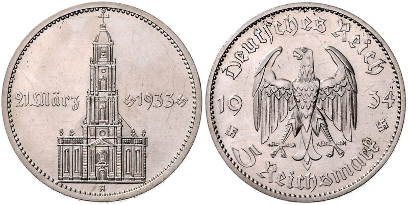 DRITTES REICH, 1933-1945, 5 Reichsmark 1934 A. Garnisonkirche mit Datum.
 f.st...