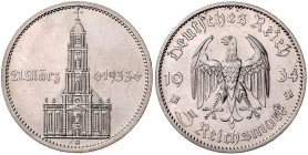 DRITTES REICH, 1933-1945, 5 Reichsmark 1934 A. Garnisonkirche mit Datum.
 f.st
J.356