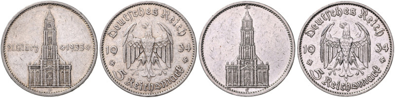 DRITTES REICH, 1933-1945, 5 Reichsmark 1934 A/E (2x). Garnisonkirche mit Datum u...