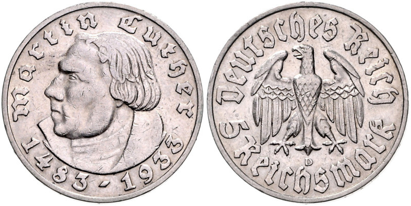 DRITTES REICH, 1933-1945, 5 Reichsmark 1933 D. Luther. 29mm; 13,94g; 12h.
 vz-s...