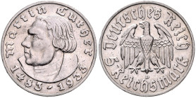 DRITTES REICH, 1933-1945, 5 Reichsmark 1933 D. Luther. 29mm; 13,94g; 12h.
 vz-st
J.353