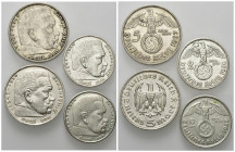 DRITTES REICH, 1933-1945, Lot von 4 Stk., darin: 5 Reichsmark 1936 F. Hindenburg ohne Hakenkreuz (vz), 5 RM 1937 A (ss+), 2 RM 1938 A (vz), 2 RM 1939 ...