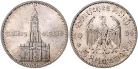 DRITTES REICH, 1933-1945, 5 Reichsmark 1934 G. Garnisonkirche mit Datum.
 f.st
J.356