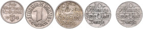 DANZIG, Freie Stadt, 1920-1939, 1/2 Gulden 1923, 1 Gulden 1923, 10 Pfennig 1923 (2x), 1 Gulden 1932.
 5 Stk., vz
J.D6; D7; D5; D15