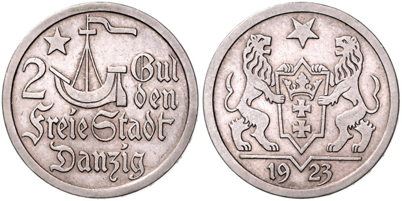 DANZIG, Freie Stadt, 1920-1939, 2 Gulden 1923. 26,8mm; 9,92g; 6h.
 ss-vz
J.D8;...