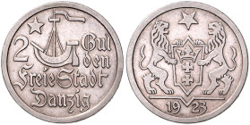 DANZIG, Freie Stadt, 1920-1939, 2 Gulden 1923. 26,8mm; 9,92g; 6h.
 ss-vz
J.D8; N.698; Y.9