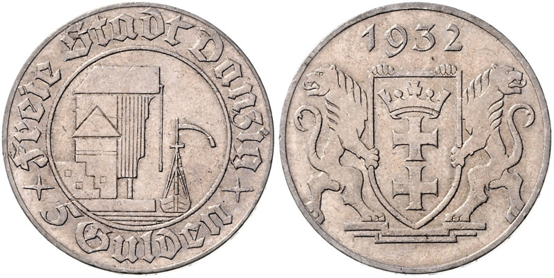 DANZIG, Freie Stadt, 1920-1939, 5 Gulden 1932. Krantor.
 vz
J.D18