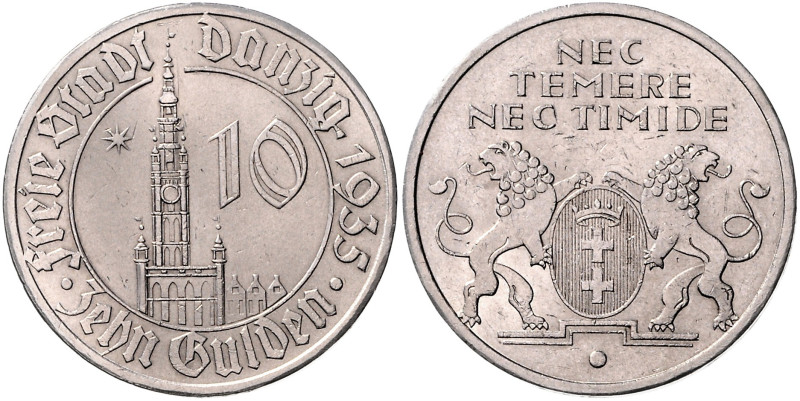 DANZIG, Freie Stadt, 1920-1939, 10 Gulden 1935. Rathaus.
 vz/st
J.D20