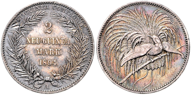 KOLONIEN, Deutsch-Neuguinea, 2 Mark 1894 A.
 2 winz. tiefe Kr. auf "N", ss/vz
...