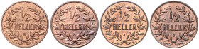 KOLONIEN, Deutsch-Ostafrika, 1/2 Heller 1904 A, 1905 A, 1905 J, 1906 J. Je 13mm; 2,4g; 12h. Ex H.Möller A50, Nr.3007.
 4 Stk., vz-st
J.715