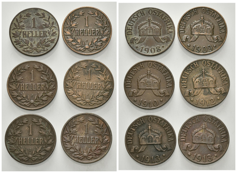KOLONIEN, Deutsch-Ostafrika, 1 Heller 1908 J, 1909 J, 1910 J, 1912 J, 1913 J. Je...