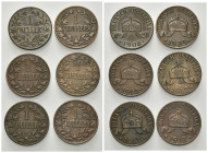 KOLONIEN, Deutsch-Ostafrika, 1 Heller 1908 J, 1909 J, 1910 J, 1912 J, 1913 J. Je 20mm; 3,8g; 12h.
 6 Stk., ss-vz
J.716; N.728; Y.7