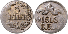 KOLONIEN, Deutsch-Ostafrika, 5 Heller 1916 T. 22mm; 2,99g; 12h.
 prägesch., vz-st
J.723; N.740; Y.9