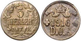 KOLONIEN, Deutsch-Ostafrika, 5 Heller 1916 T. 22mm, 3,27g, 12h.
 prägeschw., vz+
J.723; N.740; Y.9