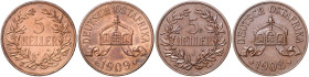 KOLONIEN, Deutsch-Ostafrika, 5 Heller 1908 J, 1909 J. Je 37mm; 20g; 12h.
 2 Stk., ss-vz
J.717; N.729; Y.8
