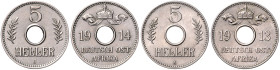 KOLONIEN, Deutsch-Ostafrika, 5 Heller 1913 A, 1914 J. Je 21mm; 3,10g; 12h.
 2 Stk., ss-vz
J.718; N.730; Y.11