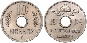 KOLONIEN, Deutsch-Ostafrika, 10 Heller 1909 J. 26mm; 6,25g; 12h.
 schöne Tönung, vz-st
J.719; N.732; Y.12
