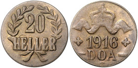 KOLONIEN, Deutsch-Ostafrika, 20 Heller 1916 T. 29mm; 11,40g; 12h. Ex Harald Möller A51, Nr.2530.
prägeschw., vz-st
J.725b; N.741; Y.10